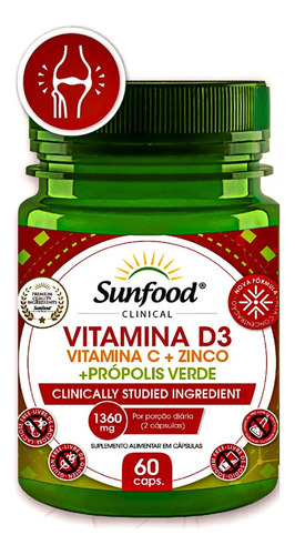 Vitamina D3 Vit C + Zinco + Propolis Verde - 60 Caps Sunfood Sabor Sem