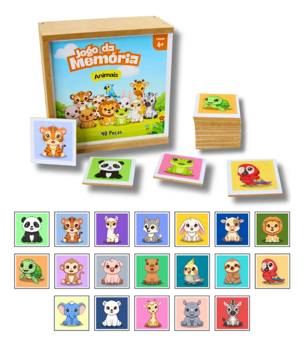 Jogo Da Memória Animais 40 Peças Brinquedo Educativo Infantil Em Madeira Mdf