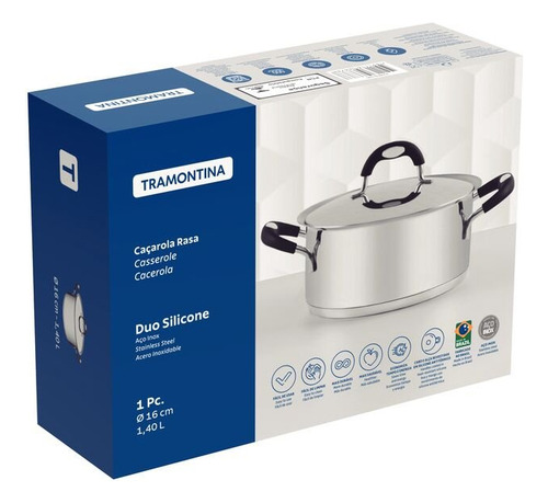 Cacerola Tramontina Duo de silicona plana de acero inoxidable con tapa, 2,8 l, color acero inoxidable