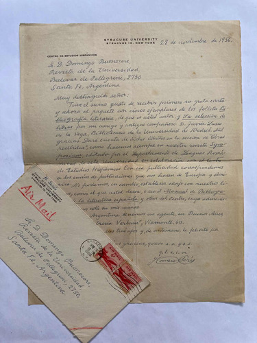 Carta Manucrita De Homero Serís A Domingo Buonocore.1956