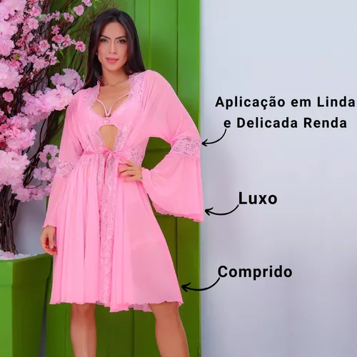 Robe Lingerie Noite em Tule e Renda com Manga Flare Sensual