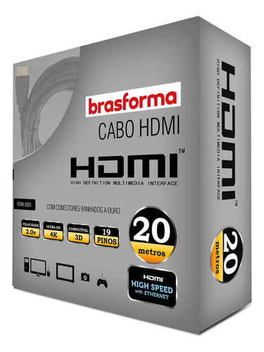 Cabo Hdmi 20 Metros Blindado 2.0 Ethernet 20m 4k 3d 2160p