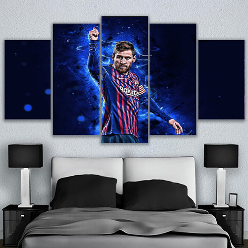 5 Cuadros Messi Mano Aura Azul Fondo Azul Barcelona 150x84cm