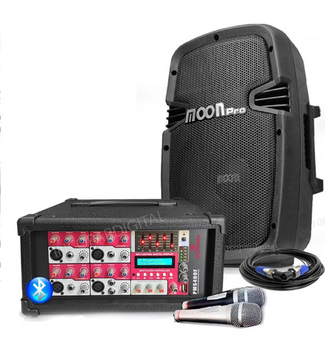 Consola Potenciada Bluetooth Usb + 1 Bafle  De 8'' + 2 Mic