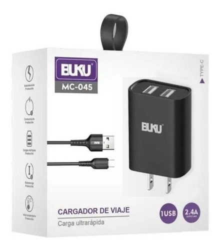 Buku Turbo Cargador Para iPhone / Tipo C / Micro Usb V8 Color Negro 2 Usb + Cable Tipo C