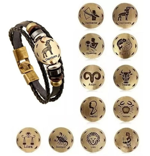 Pulseras Zodiacal Signo Parejas Hombre Y Mujer Cuero Vintage