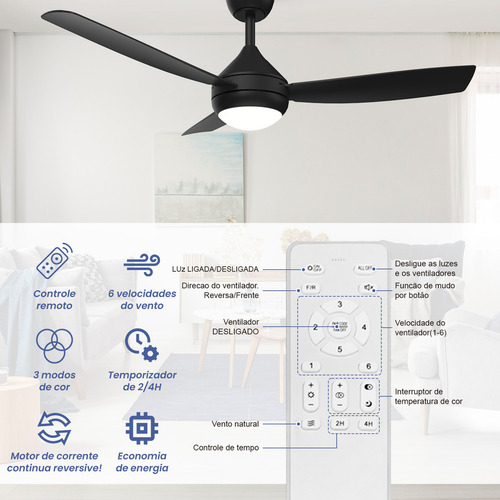 Ventilador De Teto Moderno De 42 Polegadas Com Luz Led E Controle Remoto, Ventilador Silencioso De 3 Pás Para Ambientes Internos/externos Com 3 Cores De Luz E 6 Velocidades