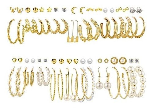 Aretes De Perlas Doradas Para Mujeres 36 Pares