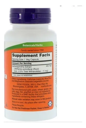 Suplemento en cápsula NOW Natural Ashwagandha