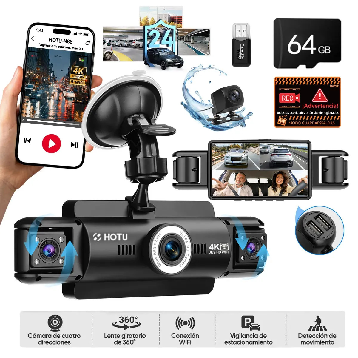 Cámara para Vehículo Hotu N88 4K Ultra HD Dashcam con 4 Lentes 360° y Wi-Fi
