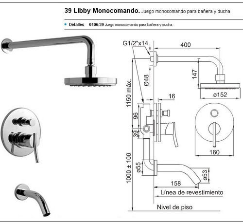 Imagen 2 de 6 de Griferia Fv Libby Mono Bañera C/trans 106/39-cr Proyectar