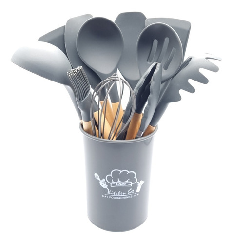 Kit 12 Utensílios De Cozinha Silicone Com Cabo De Madeira