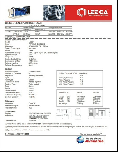 Generador-planta Electrica 25kva Perkins Alt.stamford Gasoil