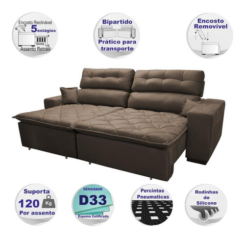 Sofá 2,82m Retrátil E Reclinável Cama Inbox Confort Caf