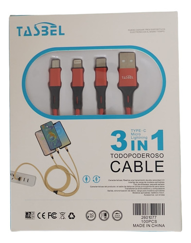 Cable Carga 3 En 1 Conector C, Microusb Para iPhone, Android