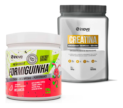 Pré-treino Formiguinha 210g Inove + Creatina Pura Refil 150g Sabor Melancia