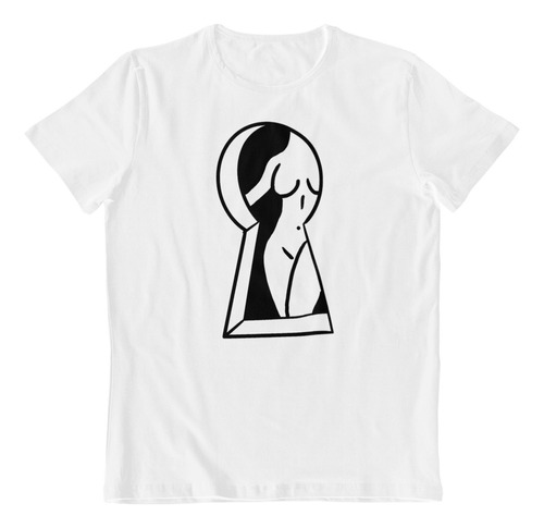 Dtf - Polera Blanca Algodon - Cerradura Con Figura Femenina