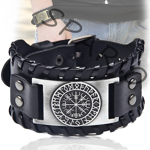 Pulsera Brazalete Cuero Negro Vintage Elegante Vikingo Varon