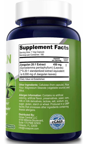Imagen 2 de 5 de Jiaogulan 9000mg (180 Cápsulas) Nusapure Hecho En E.u.