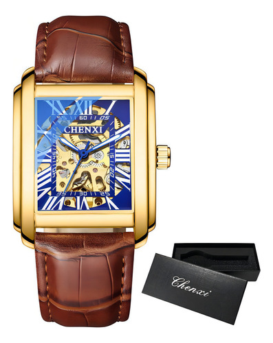 Relógio mecânico de couro oco quadrado Chenxi com fundo dourado/azul