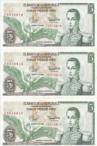 Colombia Trío De Números Consecutivos, 5 Pesos 1 Enero 1980