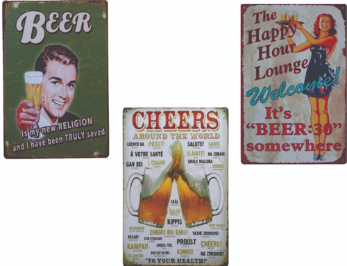 Imagen 1 de 3 de Cartel X 3 Cerveza Artesanal Deco Chapa Vintage Bar Retro