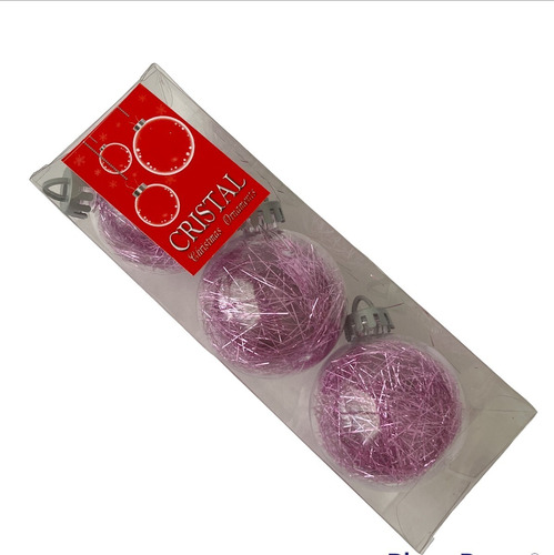 Set 3 Bolas Navidad Rosa Con Pelito 7 Cm Decoracion Arbol
