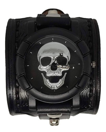 Brazalete Cuero Vacuno Con Reloj Skmei Calavera Acero Skull 