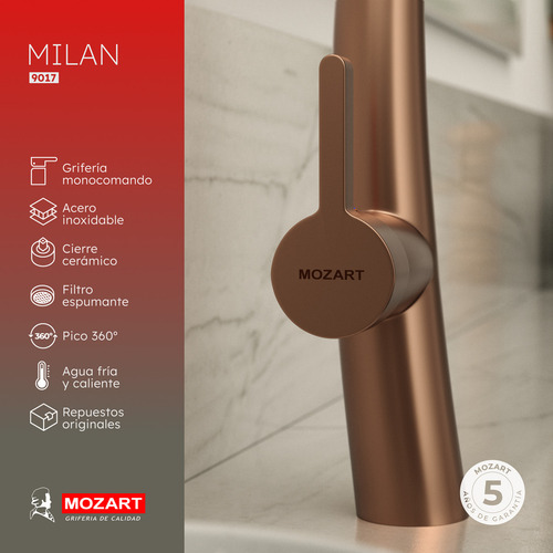 Grifería cocina canilla monocomando Mozart modelo Milan Linea Milan color bronce 9017