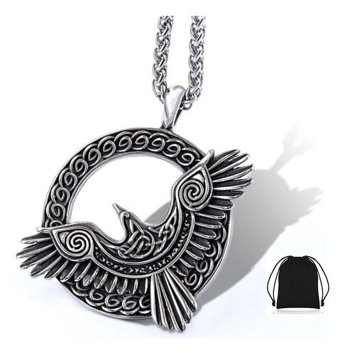 Collar Vikingo Diseño Cuervo Runas Acero Inoxidable Nordico