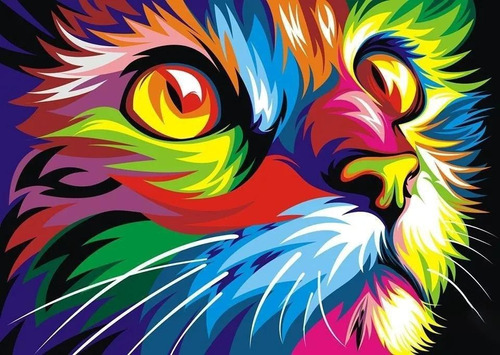 Quadro Gato Decorativo Canvas Animais Colorido 100x70cm Cor Madeira Cor da armação Borda infinita