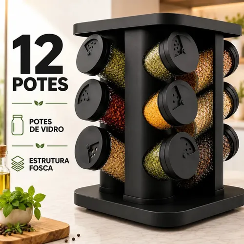 Porta Temperos Condimentos 12 Unidades Potes Vidro Base Giratória Preto Organizador Cozinha Dosador Sólar