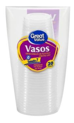 Vasos Desechables Cristal Liso Great Value #7 220ml 60 Pzas