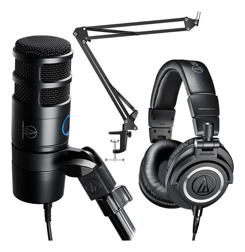 Kit Completo Microfone Audio-technica At2040 Usb + Fone M50x Cor Preto
