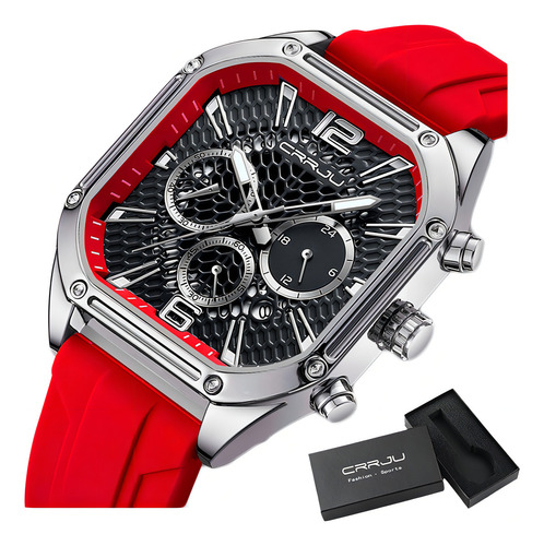 Relógio De Calendário Quadrado Crrju Business Chronograph Cor Da Correia Vermelho