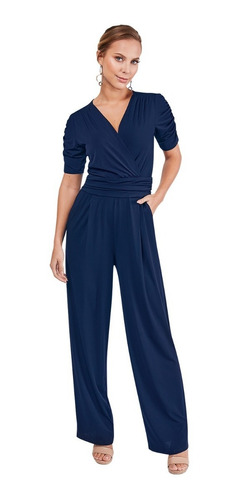 Palazzo Jumpsuit Dama Azul Marino Olan En Manga Devendi