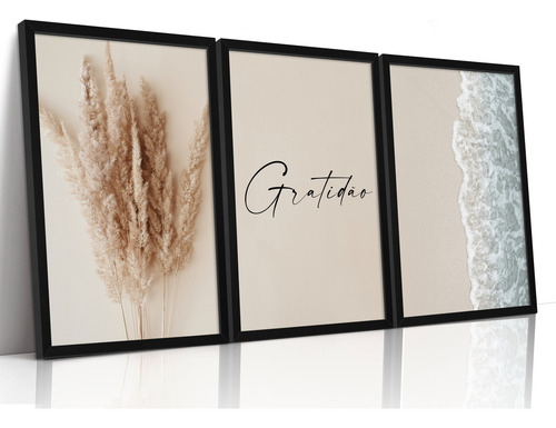 Quadros Decorativos Para Sala Quarto Bege Boho Mar Gratidão Cor Conforme Imagem Cor da armação Preto