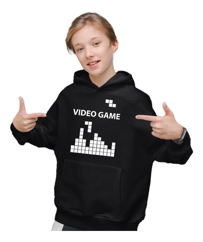 Sudadera Negra Infantil Gamers Diseño De Tetris P/ Regalo