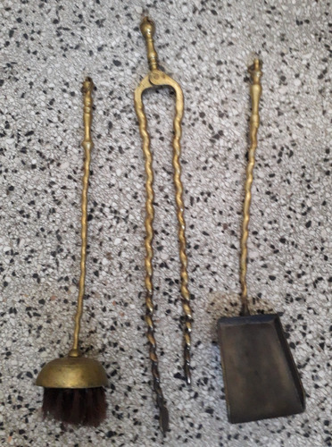 Antiguo Set 3 Pala Cepillo Pinza Atizador Todo Bronce Estufa