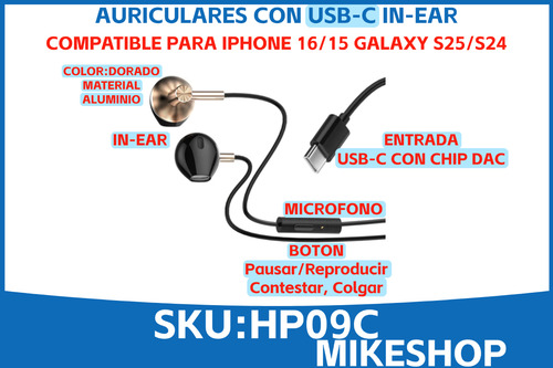 Auriculares Tipo-c Con Mic Compatible Para Iphone 15 16 S25 Dorado