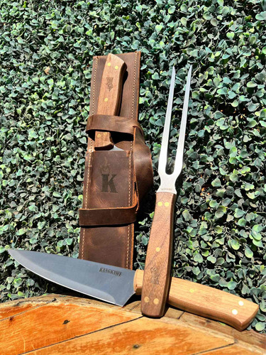 Set Parrillero Portable Cuchillo + Tenedor + Funda Cuero Pro