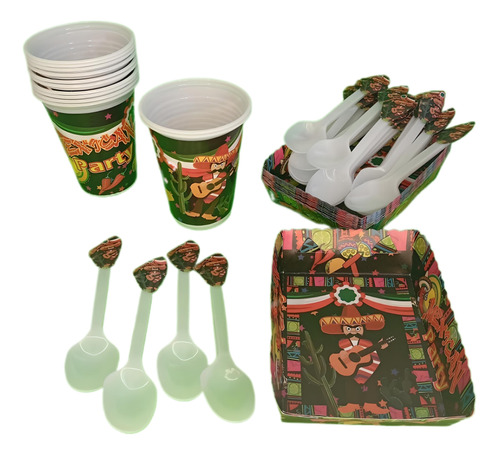 Kit Decoracion Mexicano Vasos+bandejas+cubiertos 36 Invitado