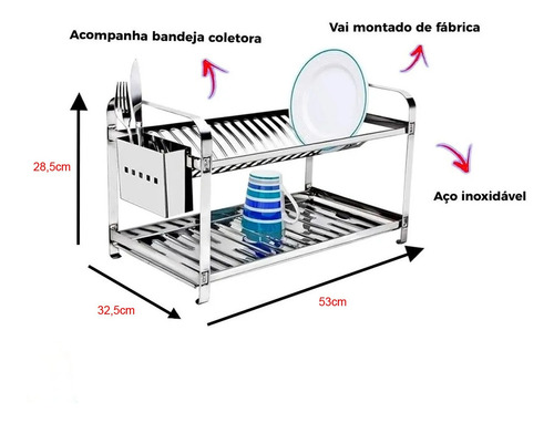 Imagem 3 de 5 de Escorredor De Aço Inox 20 Pratos Com Porta Talheres Inox