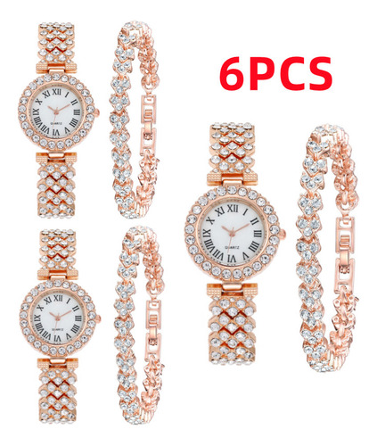 Elegante Reloj De Pulsera De Diamantes Para Mujer De 3 Sets