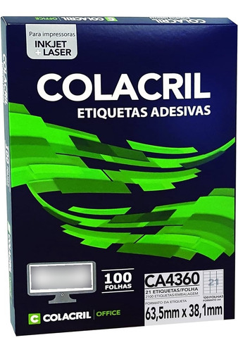 Etiqueta Impressora A4 63,5 X 38,1mm 100 Fls Ca4360 Colacril