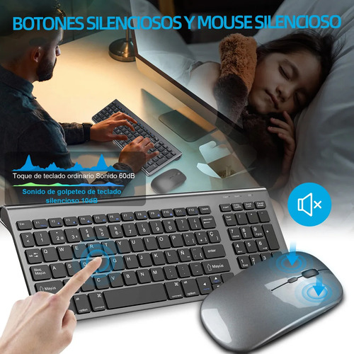 Teclado Y Mouse Español Inalámbrico Kit Teclado Y Ratón Recargable De Wifi De Conexión Estable 2.4 Ghz Compacto Con Ñ Ratón 3 Ajustable Dpi Silencioso Para Pc Windows 7 8, 10, 11,mac Os