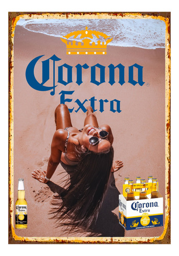 1 Cartel Metal Aluminio Chica Playa Cerveza Corona  40x28 Cm