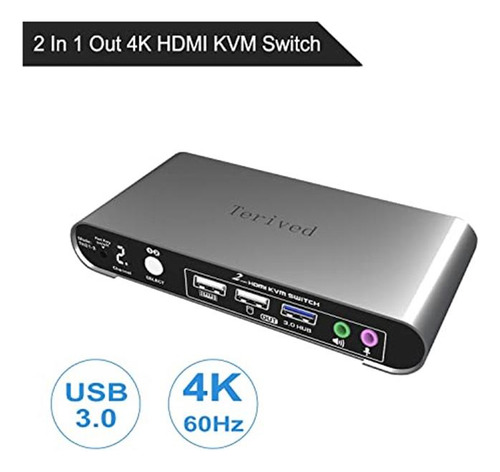 Terived 2 Port Hdmi Usb 3.0 Kvm Switch Con Carcasa De