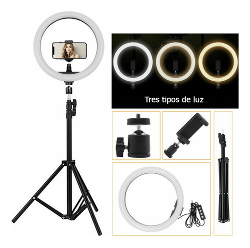 Lampara Aro De Luz Led 10 Pulgadas Comerliv Con Tripie Portatil 2.10 Metros 26 Cm De Diametro Tres Intensidades De Luz Cálida Y Luz Fría Aro De Luz Para Video Maquillaje Conferencia Negro Soporte Cel