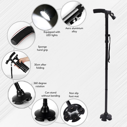 Bastón Plegable Ajustable Con Luz Led Y 4 Puntos De Apoyo